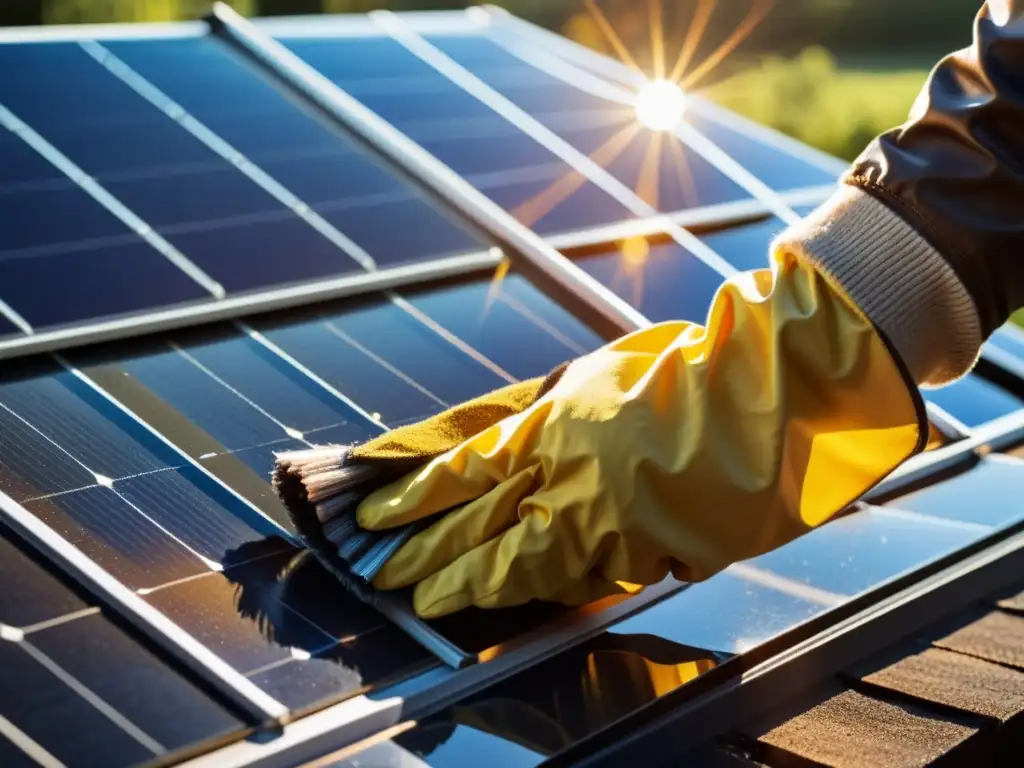 Limpieza segura de paneles solares: cuidadosa limpieza con cepillo y guantes, resaltando la importancia de mantener los paneles en óptimas condiciones