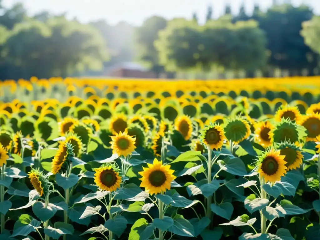 Jardín lleno de girasoles en diferentes etapas de crecimiento, bañados por la luz del sol