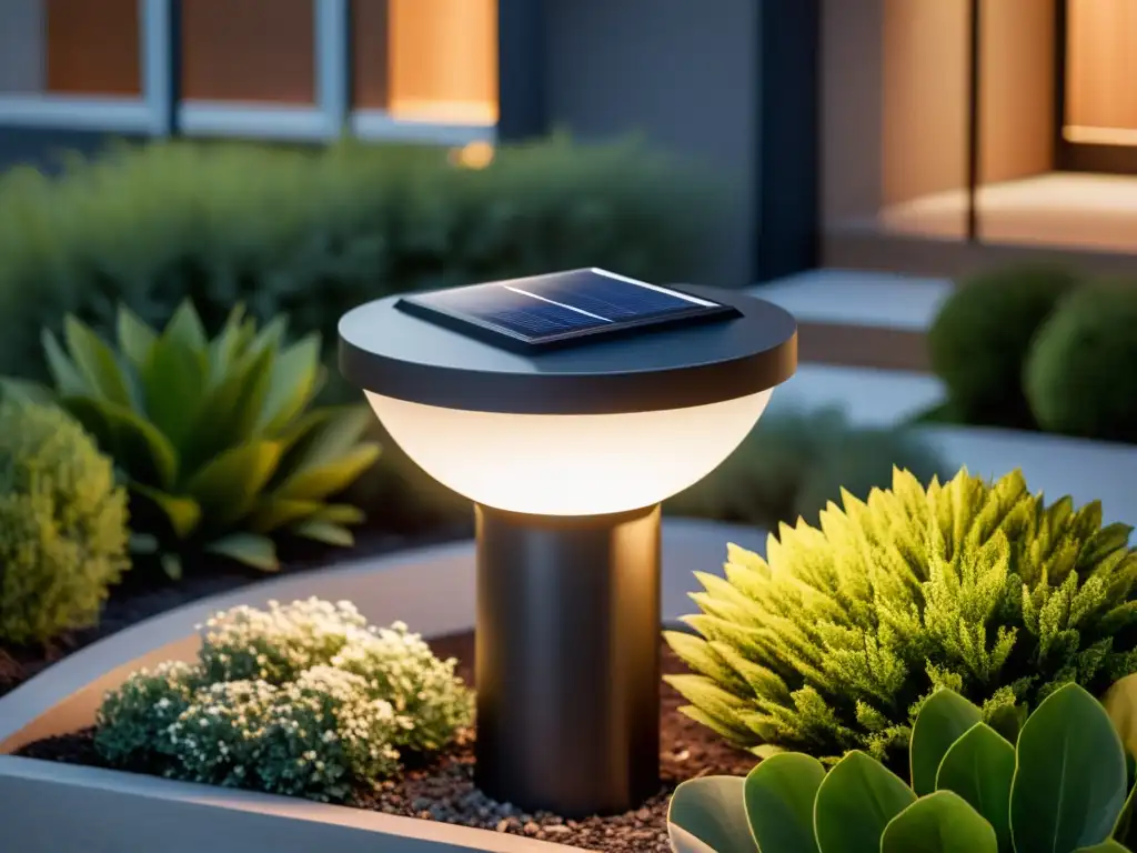 Luces LED solares para exteriores iluminando un espacio exterior bellamente diseñado con una luz cálida y ambiente tranquilo