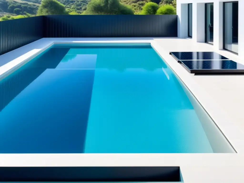 Un lujoso almacenamiento térmico para piscinas sostenible, con paneles solares negros elegantes integrados en un entorno moderno de piscina