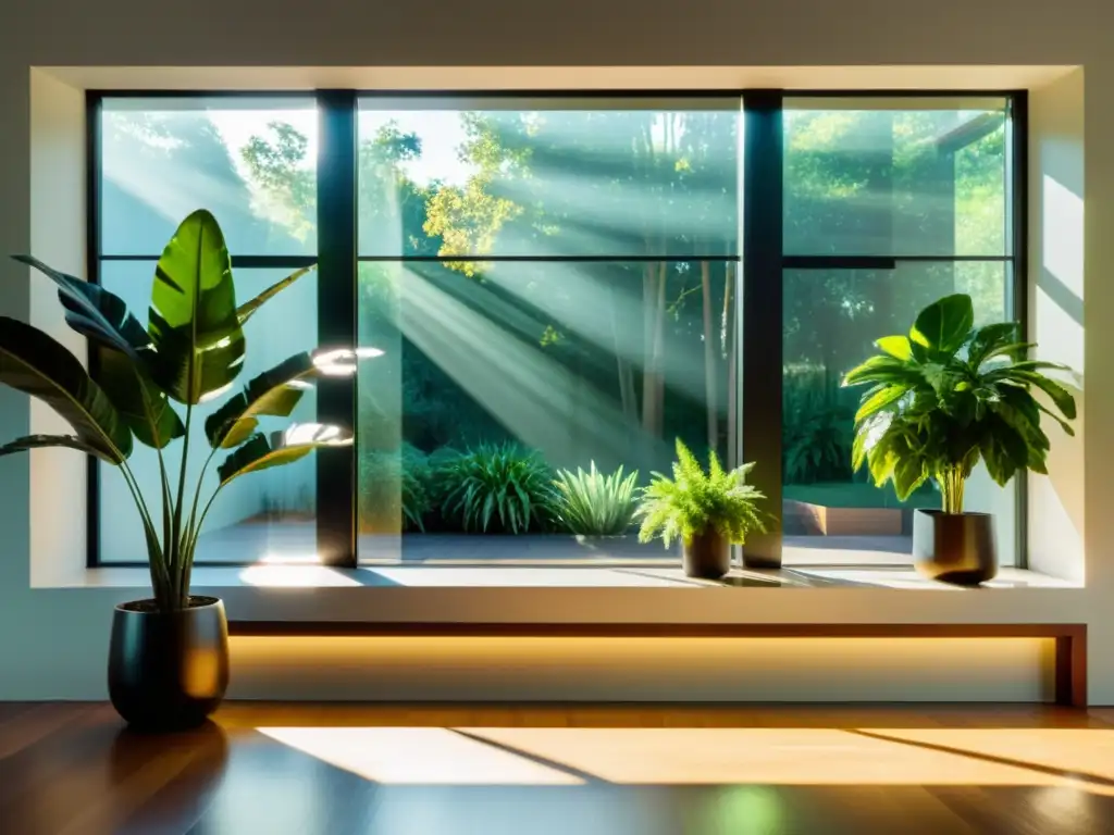 Esplendor dorado en sala minimalista con luz solar La luz solar entra por una ventana estratégicamente ubicada en una sala minimalista