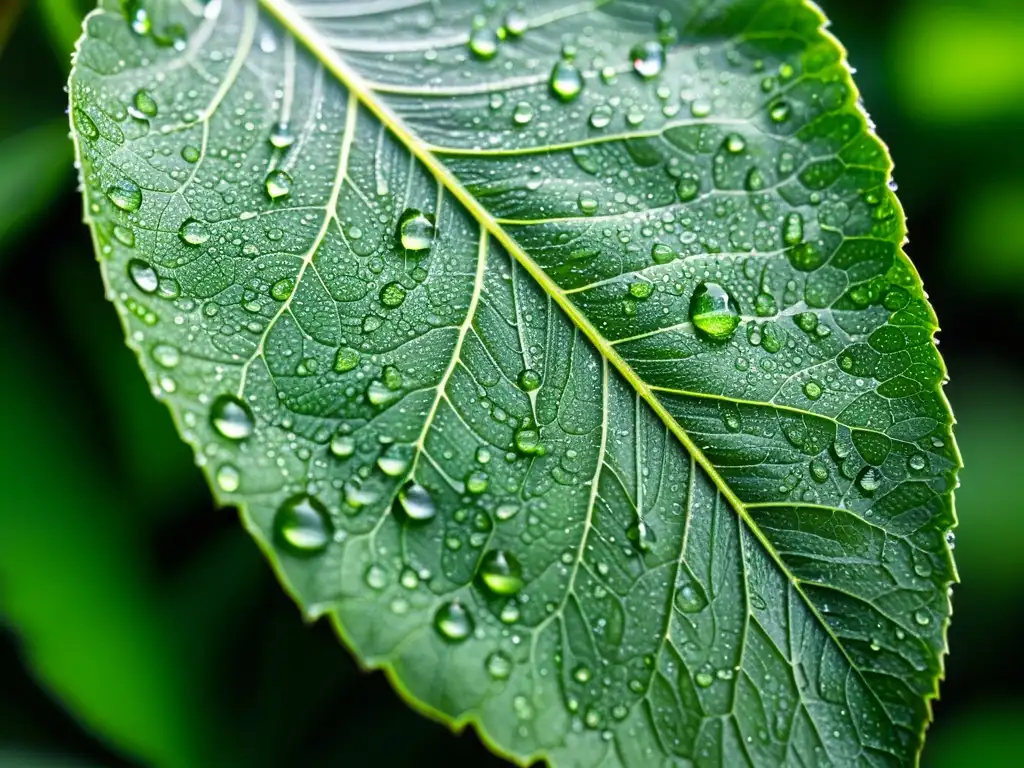 Macrofoto de una hoja verde vibrante cubierta de gotas de agua, un patrón mesmerizante