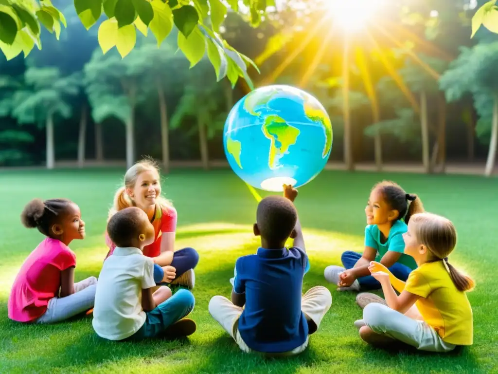 Maestra enseñando sobre sostenibilidad a niños en el campo, rodeados de naturaleza y carteles, creando un ambiente educativo al aire libre