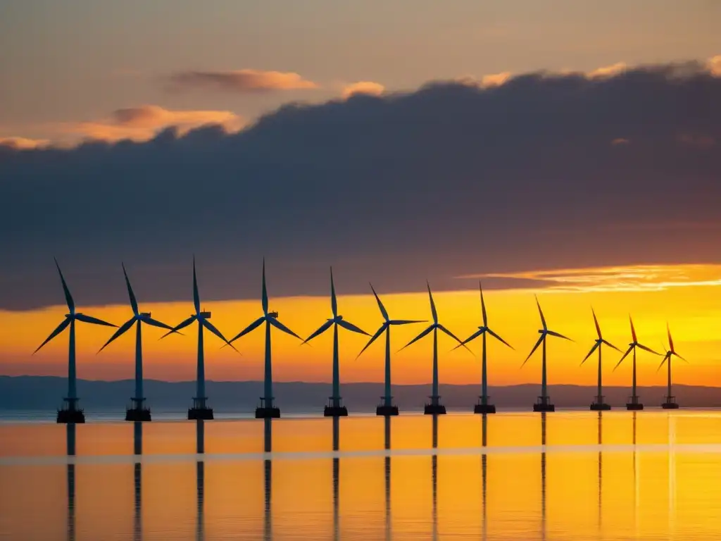 Una majestuosa granja eólica marina al atardecer, simbolizando oportunidades financiamiento proyectos eólicos offshore