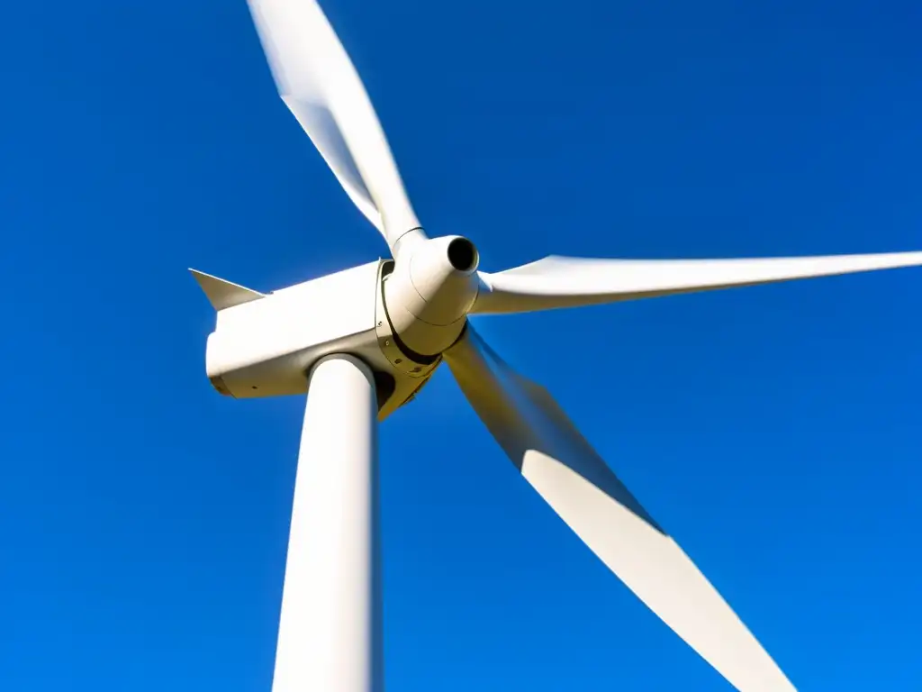 Una majestuosa turbina eólica moderna en movimiento, bajo el cielo azul