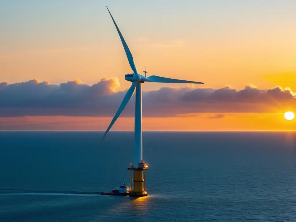 Una majestuosa turbina eólica offshore en un océano tranquilo al atardecer, reflejando la viabilidad eólica offshore en un mundo cambiante