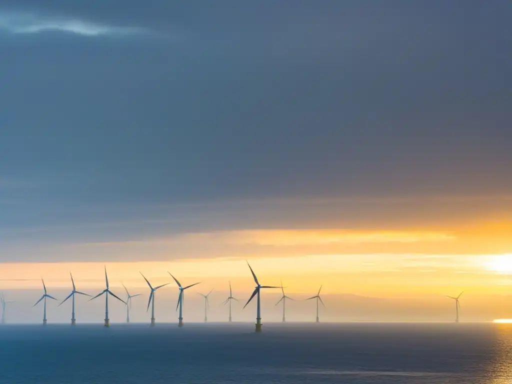 Una majestuosa vista panorámica de la costa con un gran parque eólico marino en la neblina, desafiando logísticas de instalación