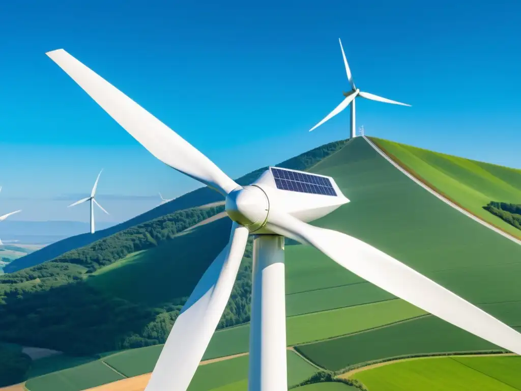 Un majestuoso aerogenerador moderno se alza contra un cielo azul vibrante, con paisaje de colinas verdes y paneles solares