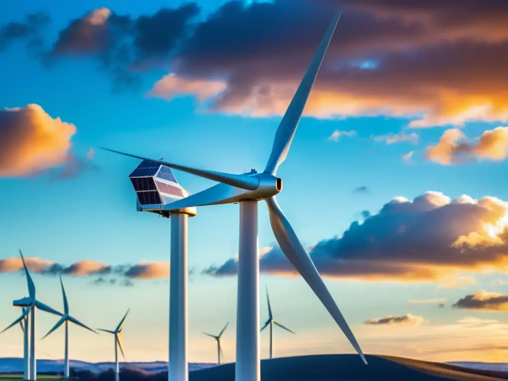 Un majestuoso molino de viento moderno se alza contra un cielo vibrante y nublado, con paneles solares brillando en el paisaje