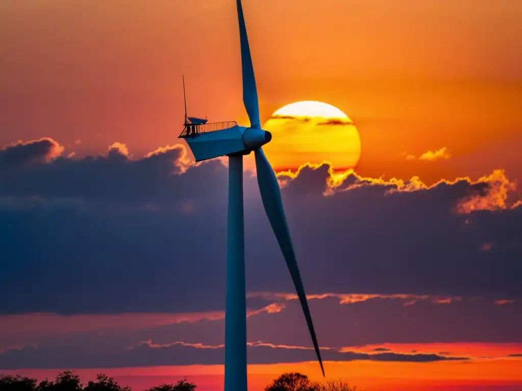 Un majestuoso molino de viento solitario se alza contra un vibrante atardecer, creando una impactante silueta