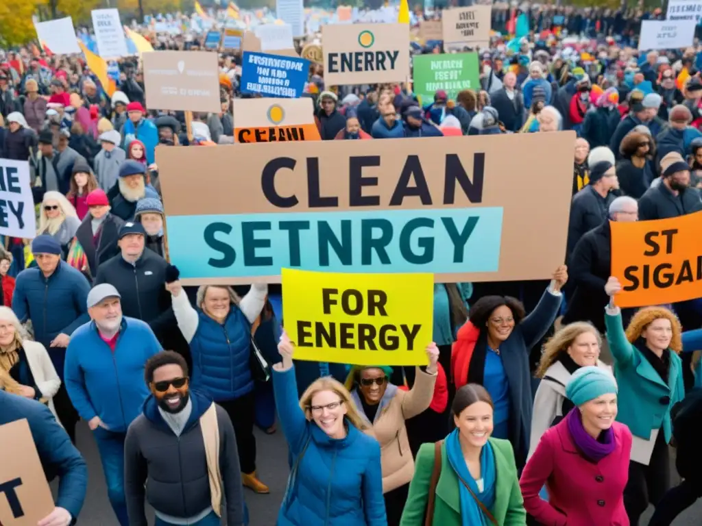 Manifestaciones por energías limpias: Multitud diversa con carteles coloridos pidiendo energía renovable en protesta pacífica