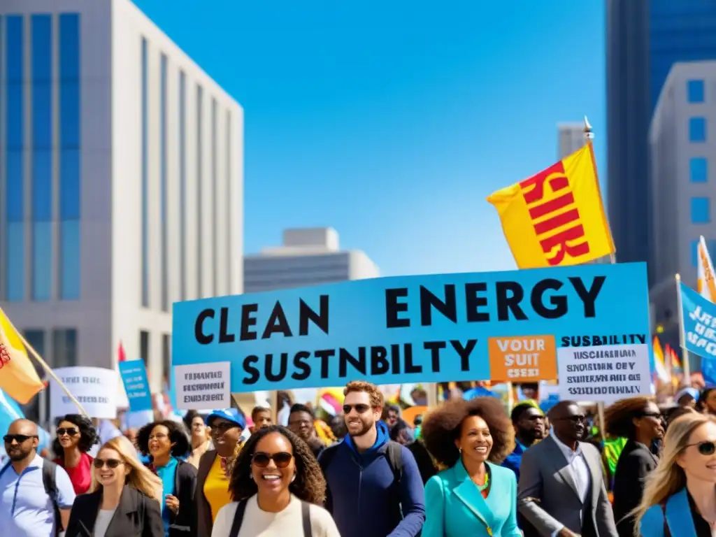 Manifestaciones por energías limpias: Multitud diversa marcha en la ciudad promoviendo la sostenibilidad con pancartas coloridas bajo cielo azul