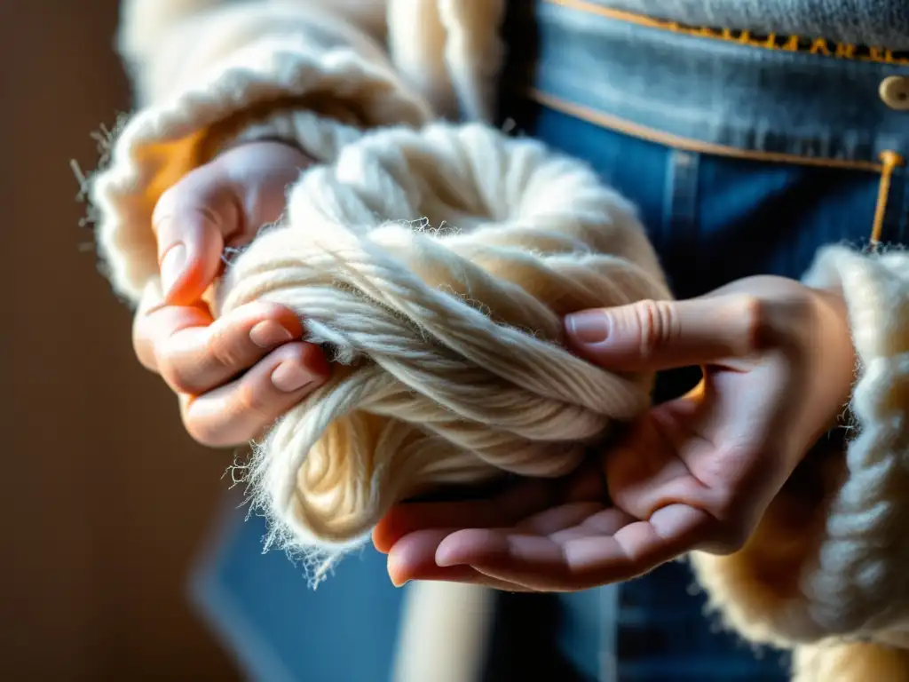 Mano sosteniendo aislante natural de lana de oveja con luz suave, detalle de fibras