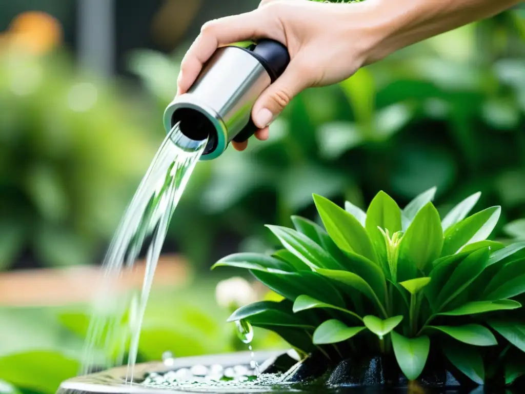 Una mano opera una bomba de agua manual ecológica en un exuberante jardín, con gotas de agua cayendo