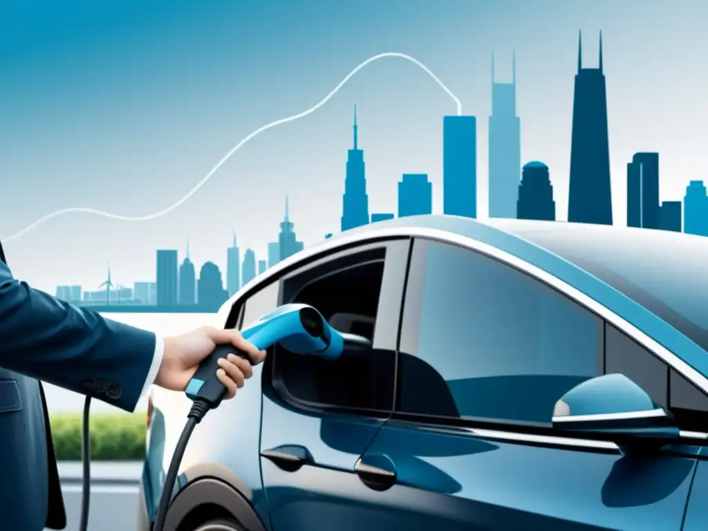 Carga sostenible: Conectando el futuro Mano conectando cable de carga a vehículo eléctrico en ciudad futurista