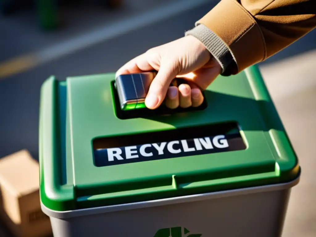 Mano depositando con cuidado una batería usada en un contenedor de reciclaje