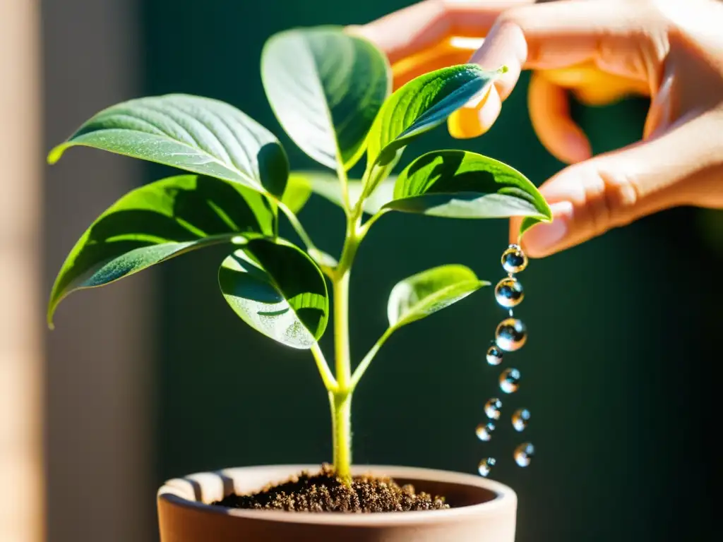 Mano cuidadosa riega planta verde en maceta, capturando la esencia de la atención y nutrición