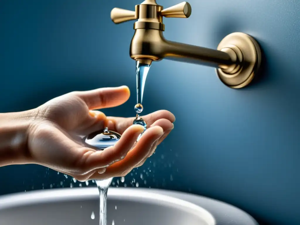 Mano apagando grifo goteando, destacando la conservación del agua en el hogar