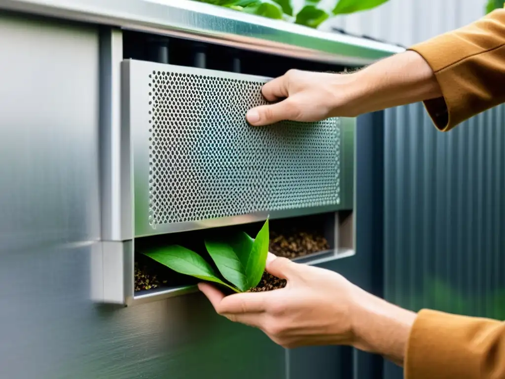 Mantenimiento experto de filtro de recolección de agua Mano retirando hojas y escombros de filtro en sistema de recogida de agua lluvia, destacando cuidado en mantenimiento
