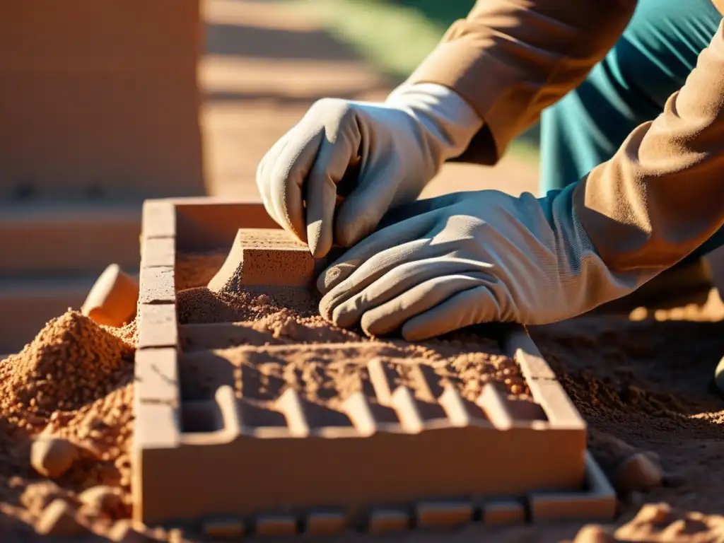 Mano moldeando ladrillos de adobe, tonos terrosos y texturas se mezclan bajo la luz del sol, destacando la construcción sostenible con tierra