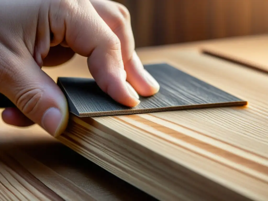 Mano lija con cuidado una pieza de madera reciclada, resaltando su textura y tono cálido