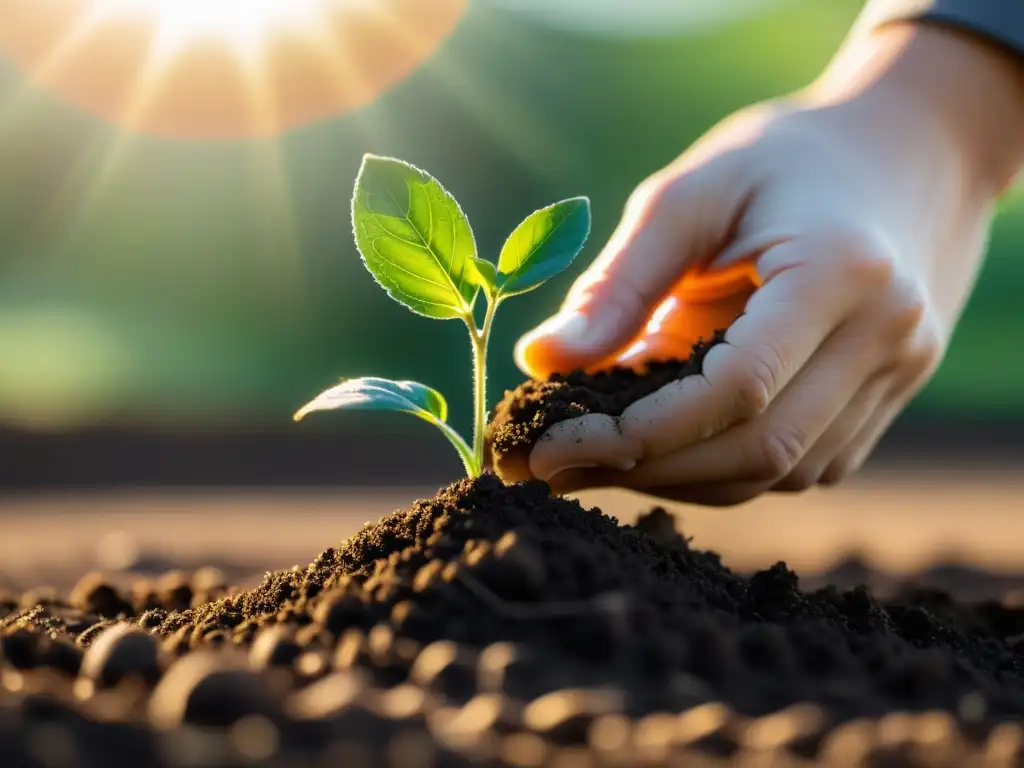 Mano plantando un pequeño retoño en suelo fértil, con luz solar entre las hojas