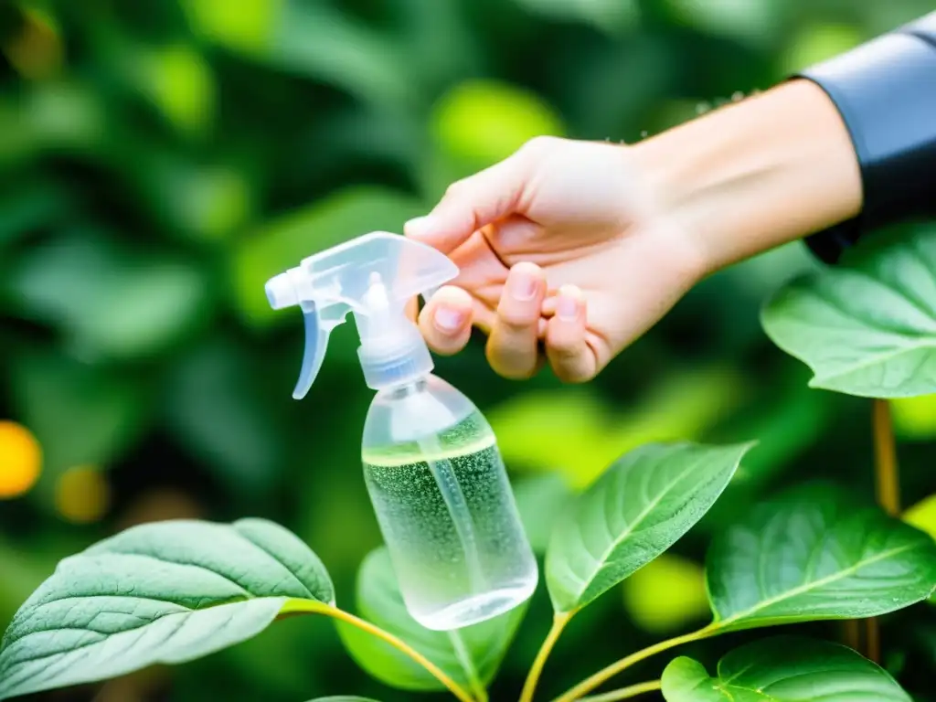 Mano sostiene pulverizador con pesticida orgánico casero, con gotas brillantes