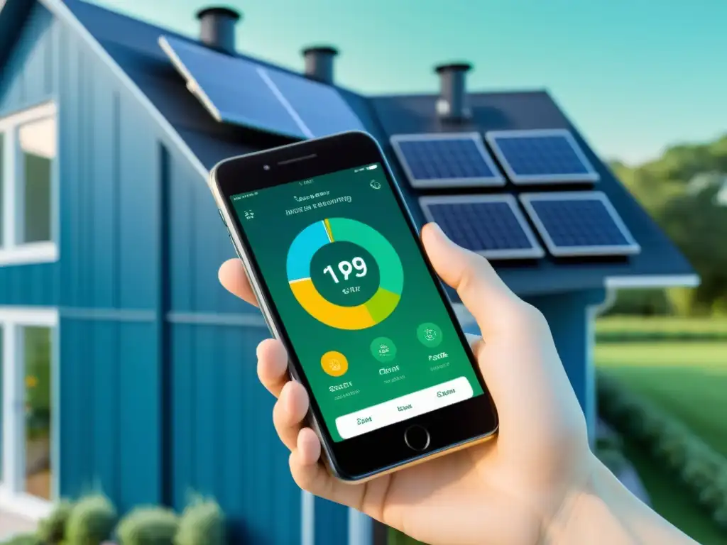 Una mano sostiene un smartphone con app de monitorización solar para hogar sostenible, en una casa moderna con paneles solares