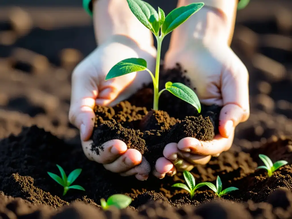 Manos plantando con cuidado una plántula verde en tierra oscura y húmeda, destacando técnicas de jardinería sostenible