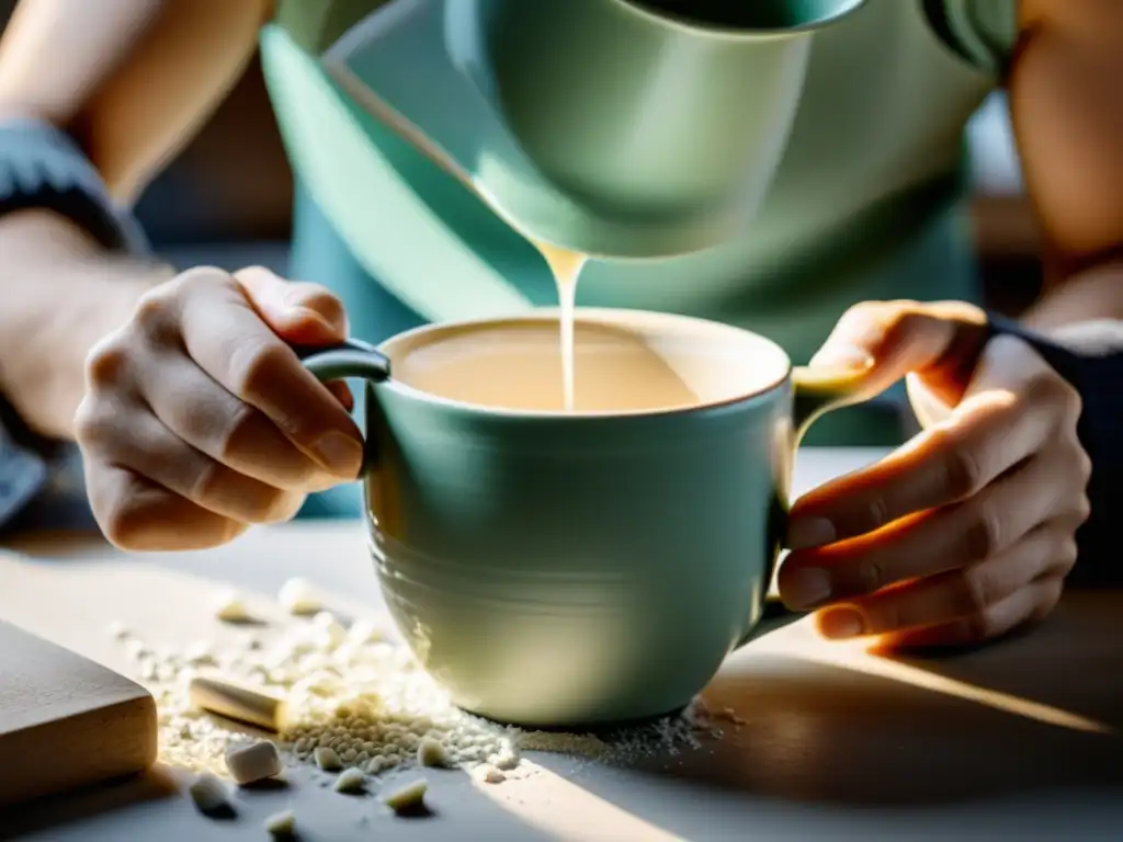 Manos reparando con cuidado una taza de cerámica rota, en luz suave