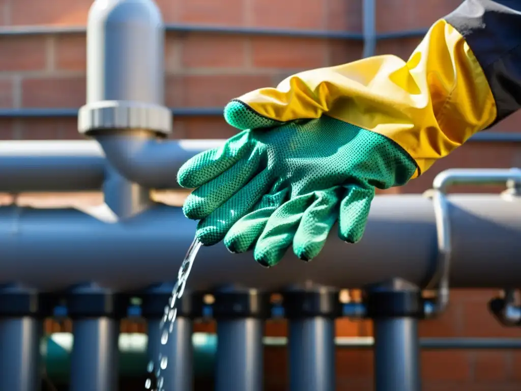 Limpieza detallada de filtro en sistema de recolección de agua de lluvia Manos cuidadosas limpian filtro en sistema recogida agua lluvia, con gotas brillantes y precisión en mantenimiento