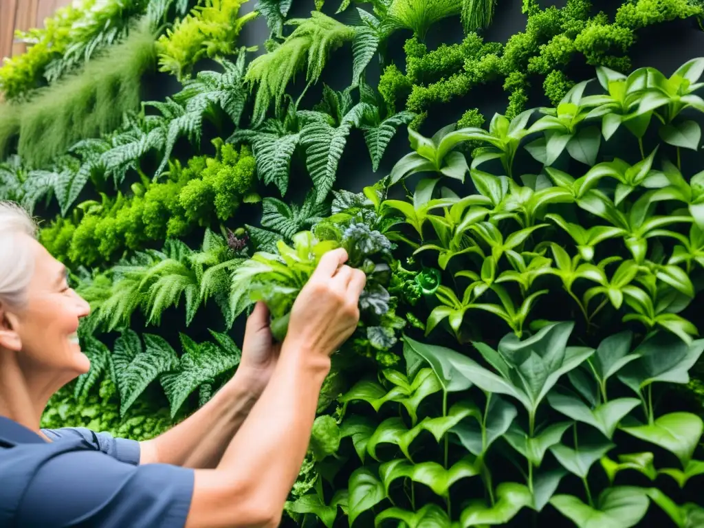 Manos cuidadosas construyendo huerto vertical sostenible con plantas exuberantes y verdor vibrante, evocando armonía con la naturaleza