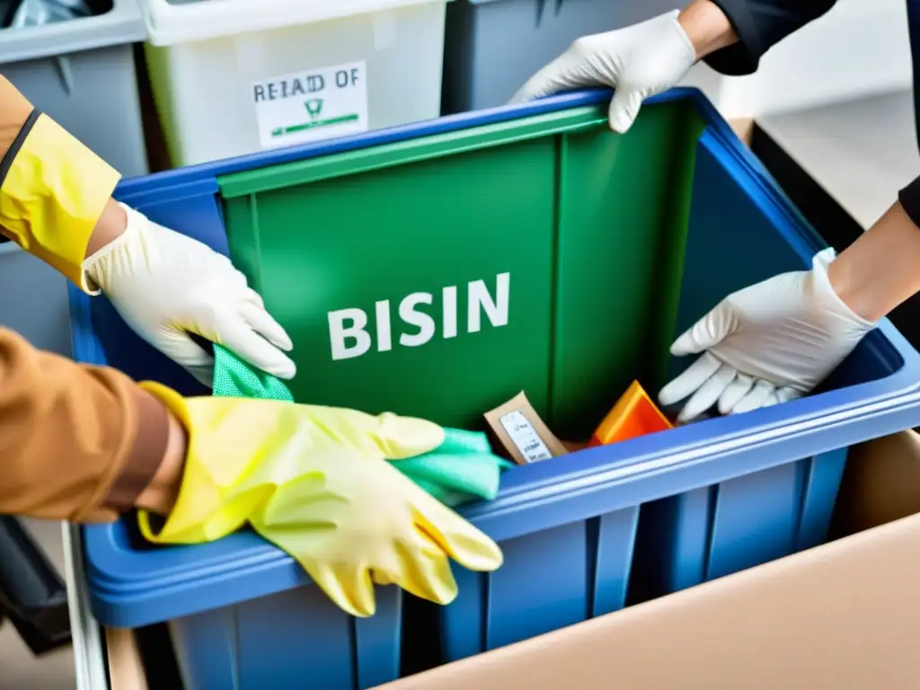 Separación precisa de materiales reciclables: manos protegidas en acción Manos cuidadosas separando materiales reciclables en contenedores designados