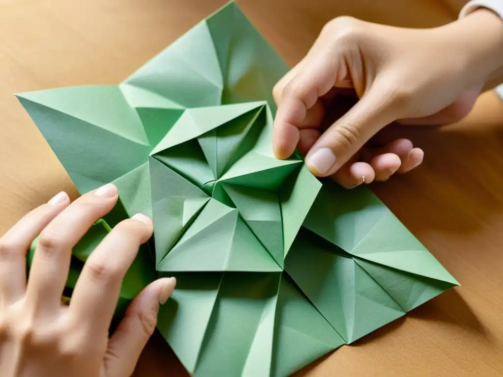 Manos cuidadosas crean origami detallado con papel reciclado