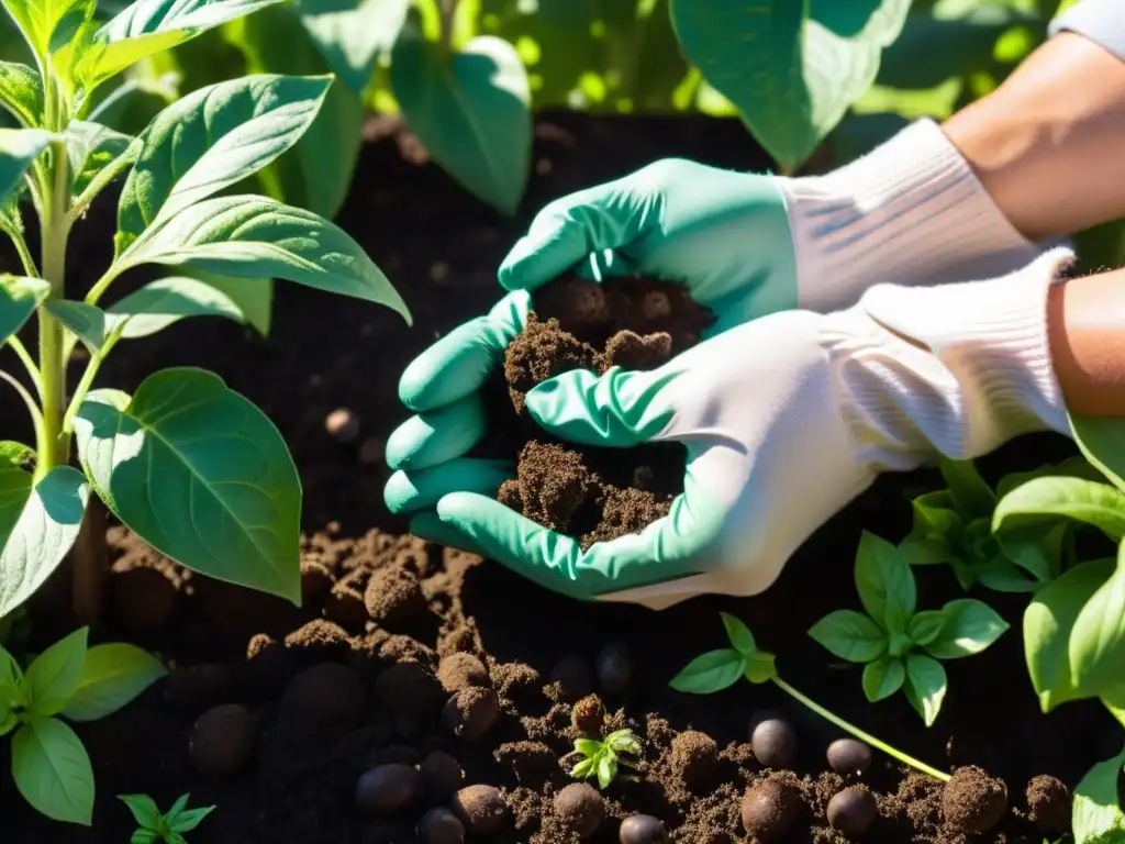 Manos cuidadosas implementan un plan rotación cultivos jardín sostenible, enriqueciendo la tierra oscura con insectos visibles