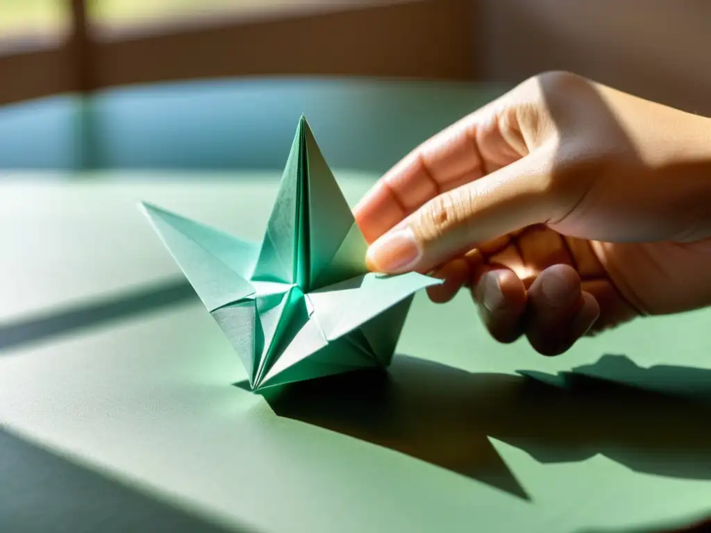 Manos creando grulla de origami con papel texturizado, luz natural y ambiente de reducción y reciclaje del papel en casa