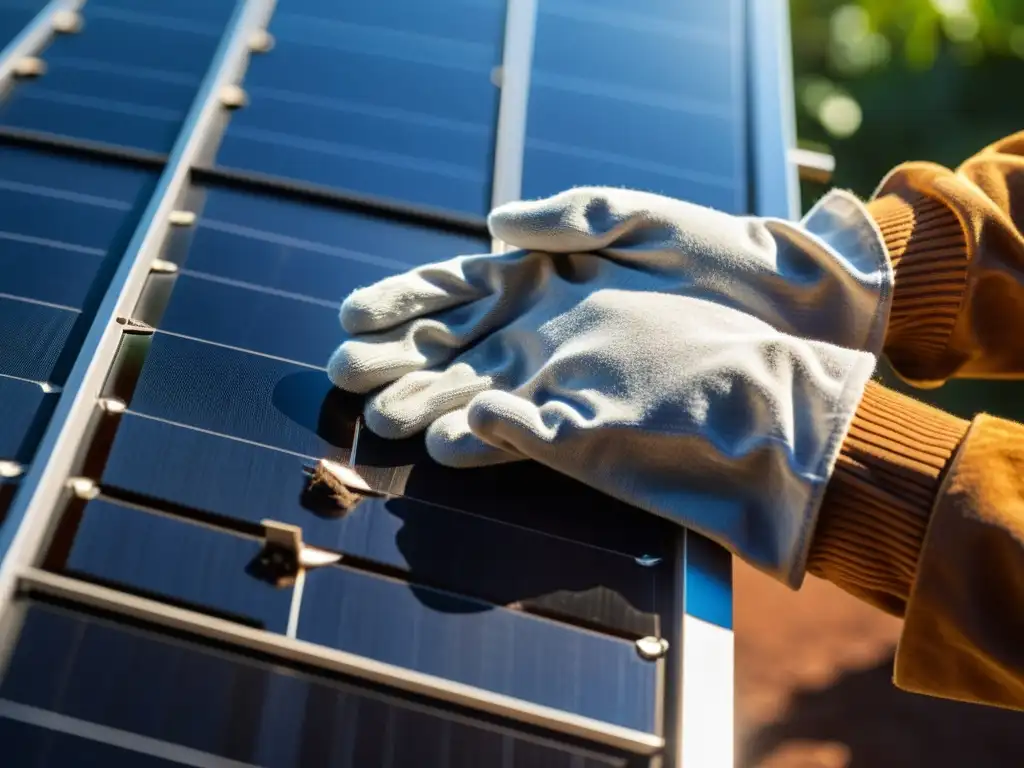 Manos con guantes limpiando paneles solares de forma segura, destacando la minuciosidad y brillo de las celdas fotovoltaicas