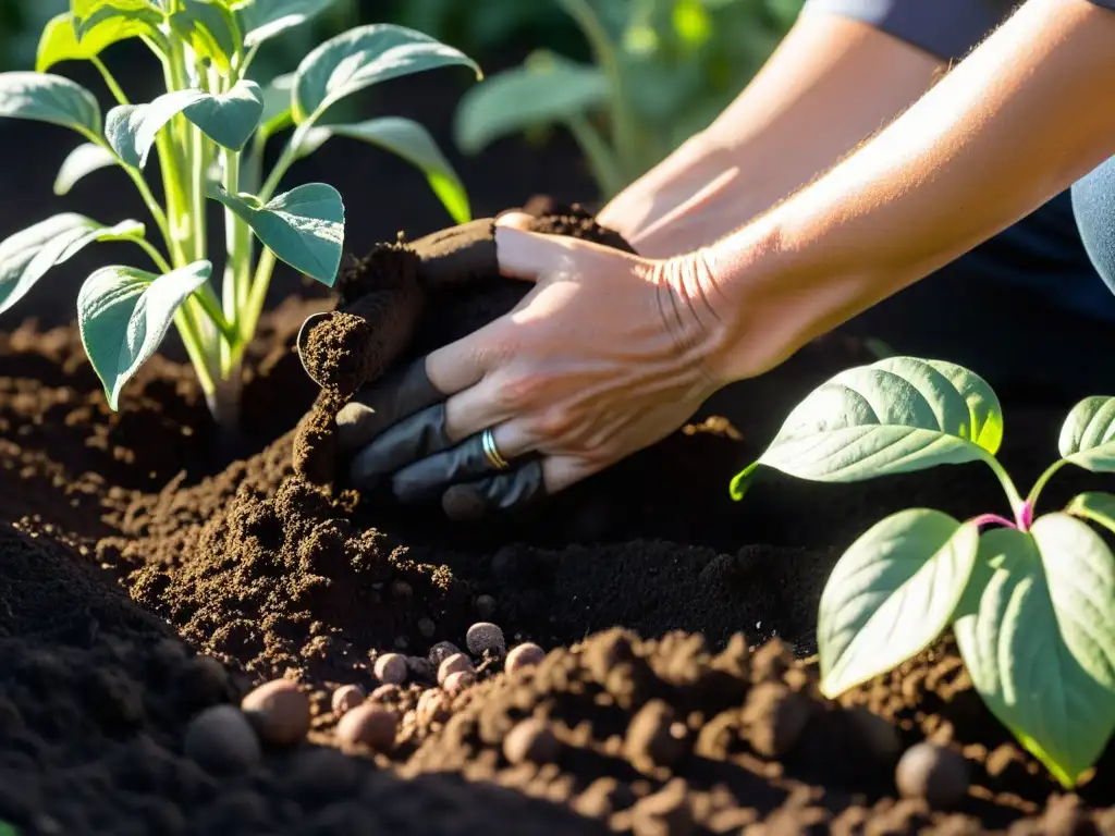 Unas manos tibias y cuidadosas preparan la tierra húmeda y fértil para el huerto de otoño