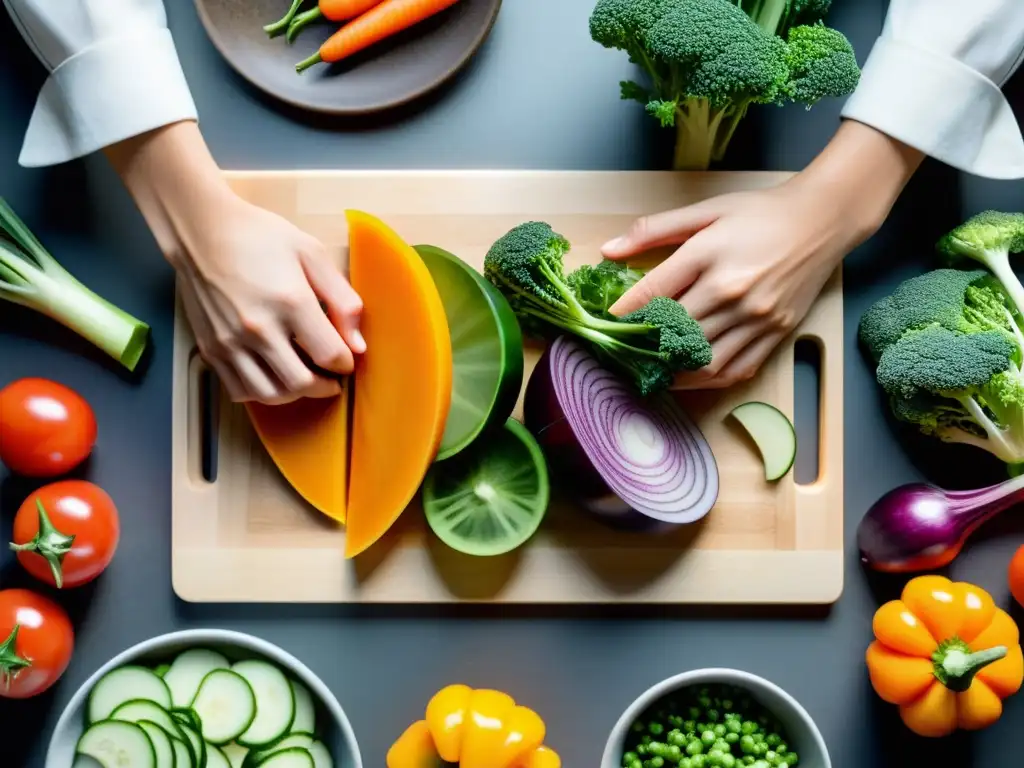 Manos cortando vegetales frescos en tabla de cocina moderna, menú sostenible reducir huella carbono