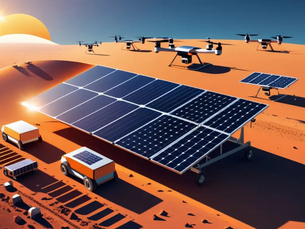 Mantenimiento de paneles solares con drones: ilustración futurista de precisión y eficiencia en la mantención de paneles solares