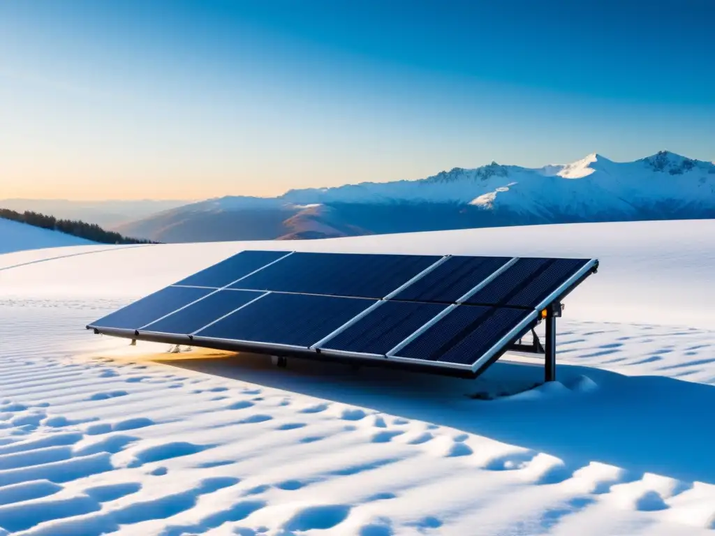 Mantenimiento paneles solares invierno: Paneles solares cubiertos de nieve, con diseño moderno y líneas limpias, captando la luz del sol invernal