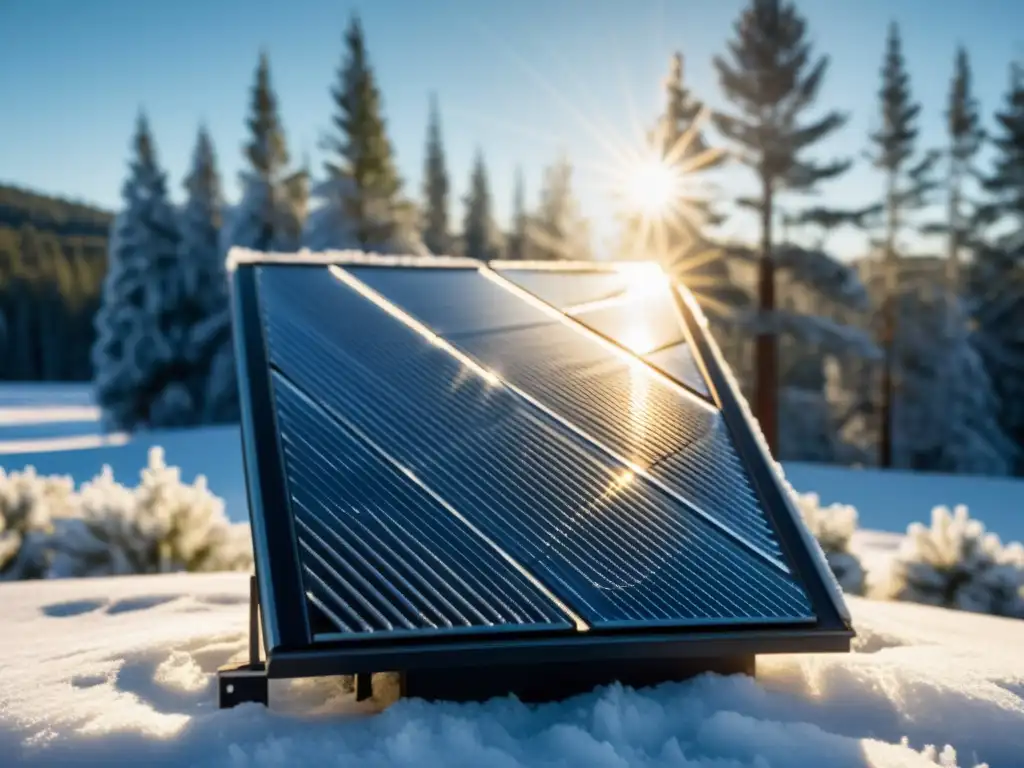 Mantenimiento paneles solares invierno: Panel solar cubierto de escarcha, con cristales de hielo brillando bajo el sol invernal