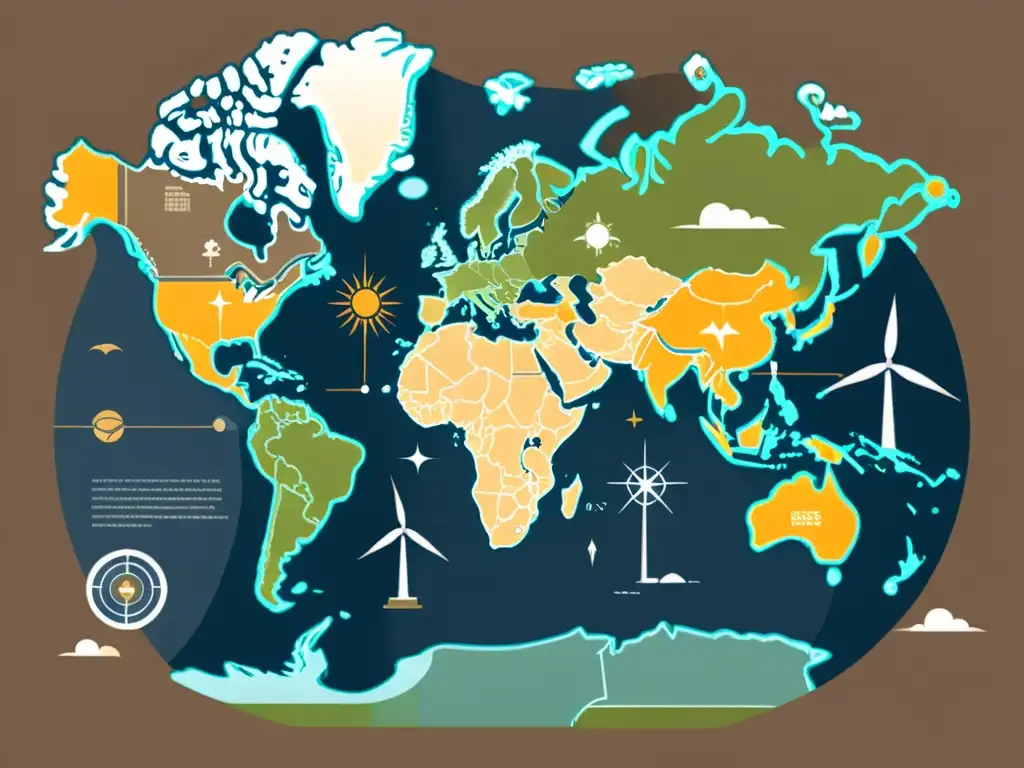 Un mapa mundial minimalista muestra fuentes de energía renovable en distintas regiones, con colores suaves y líneas limpias