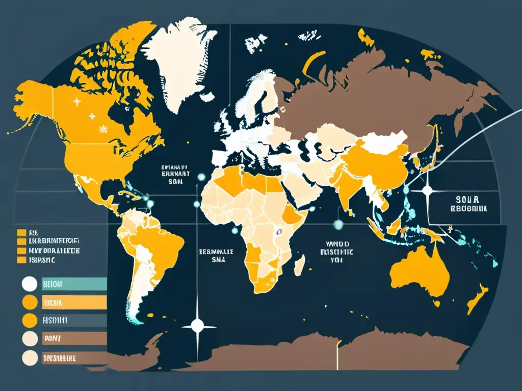 Mapa mundial minimalista con fuentes de energía renovable interconectadas, simbolizando la Geopolítica de las Energías Renovables en tonos terrosos