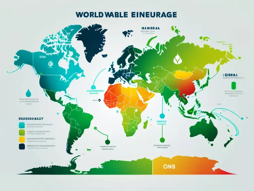 Un mapa mundial minimalista resaltando fuentes de energía renovable en colores vibrantes, evocando la conexión global y sostenibilidad