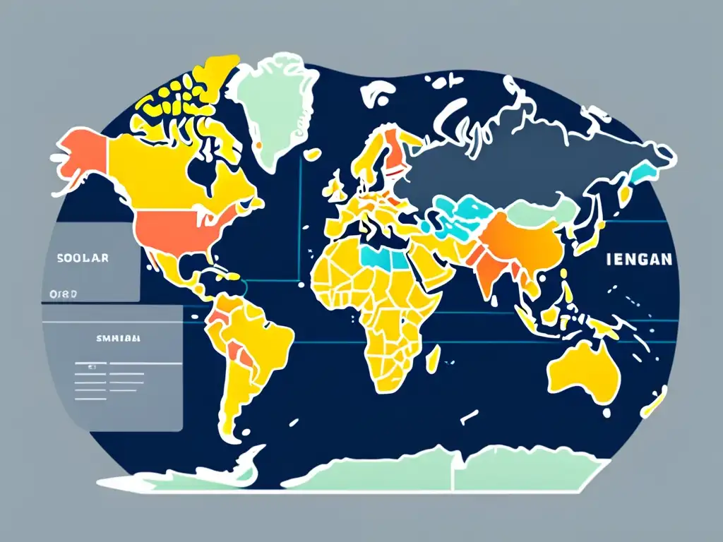 Mapa del mundo con normativas instalación energía solar domiciliaria en diferentes países