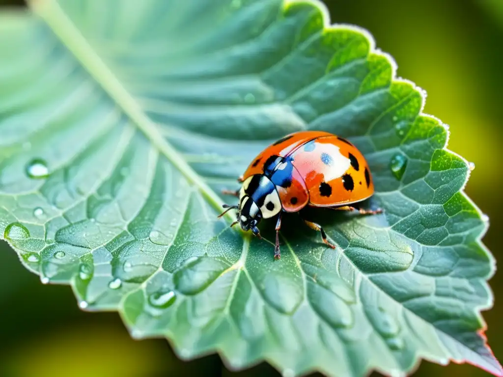 Una mariquita descansa en una hoja verde brillante, con gotas de rocío