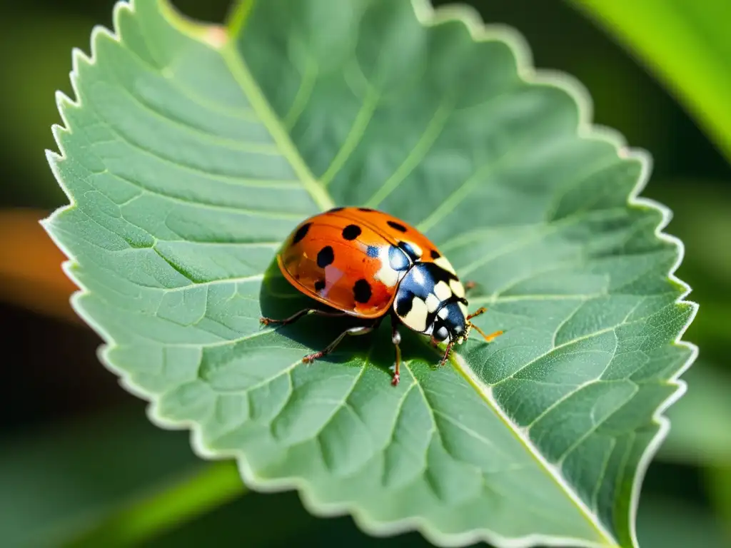 Una mariquita descansa sobre una hoja verde brillante, con sus alas rojas y negras desplegadas