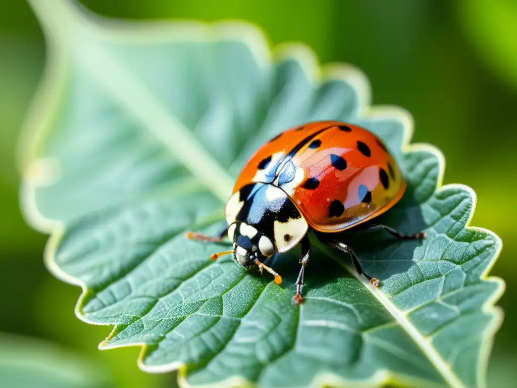 Una mariquita descansa sobre una hoja verde, con detalle asombroso en sus alas rojas y patas negras