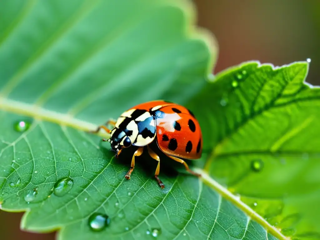 Una mariquita descansa en una hoja verde vibrante, mostrando sus delicadas alas rojas y el patrón intrincado de su caparazón